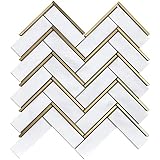 Tile Generation NBG-4 Herringbone White and Gold Metal Stainless Steel Polished Marble Tile (1 Sheet)