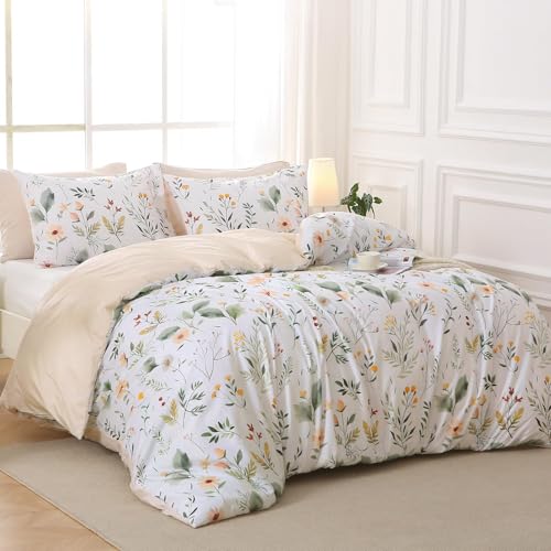 Duvet Cover King Size, Reversible Floral Vintage Duvet Cover Set with Zipper Closure, 3 Pieces Botanical Patterns Soft Microfiber Bedding Set (90"x104", 2 Pillow Cases 20"×36", Garden Leaves White)