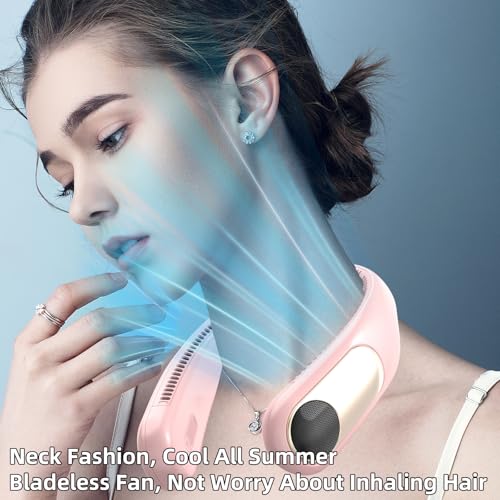 Image of Portable Neck Fan, Personal Wearable Bladeless Fan for Outdoor Indoor, LED Display, 360 Cooling, 4-Speeds, 6000mAh USB Rechargeable, Birthday Gifts for Men Women Dad Mom (Pink)