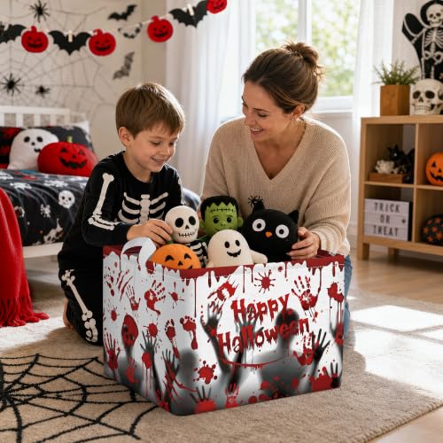 Image of Clastyle Large Spooky Halloween Baby Gift Basket Stuffers Boy Girl Pumpkin Bat Graveyard Boo Nursery Bin Kid Book Toy Box Collapsible Clothes Organizer for Bedroom, Blood Hand, 40 * 30 * 30 cm