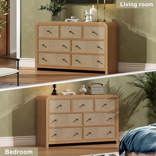 Image of Oak&Sparrow 7 Drawer Dresser for Bedroom, 49'' Rattan Dresser with Ample Storage, Boho Chest of Drawers, Thickened Curved Profile Design, Oak Dressers for Bedroom, Living Room