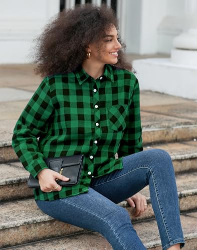Image of SANGTREE Women and Girls Long Sleeve Flannel Casual Button Down Plaid Shirt