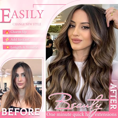 Image of Clip in Hair Extensions Real Human Hair Seamless Balayag Clip ins for Women | Seamless Invisible human hair clip in extensions Straight 8Pcs Double Weft Natural Black Highlight Chestnut Brown 16inch 90g