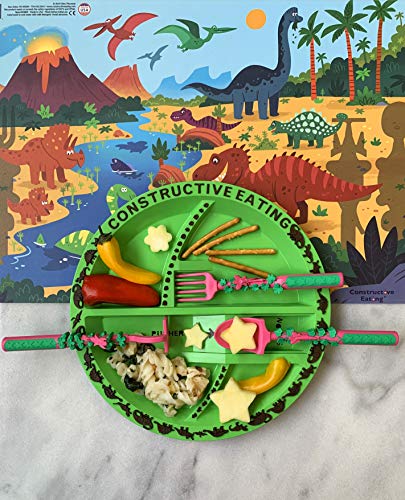 Constructive Eating Combo with Set of 3 Garden Utensils, Dinosaur Plate and Placemat for Toddlers, Infants, Babies and Kids - Flatware Set is Made in The USA Using Materials Tested for Safety