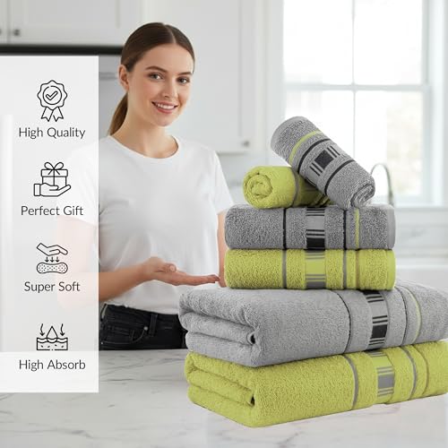 Image of Casa Copenhagen, Germany Design - X Line Super Soft Collection 100% Cotton 6 Piece Towel Set, Includes 2 Bath Towels 2 Hand Towels 2 Washcloths - Grey & Green