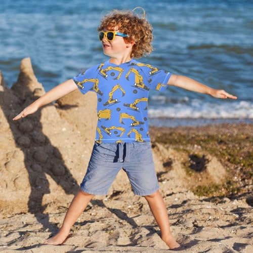 ALAZA Kids Rash Guard Boys Toddler Swim Shirts Short Sleeve Excavator Blue UPF 50+ 3T4