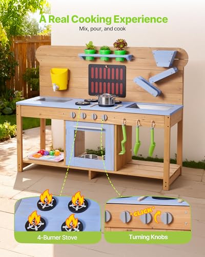 Image of VEVOR Mud Kitchen, Outdoor Mud Kitchen for Kids, Wood Outdoor Play Kitchens with Stoves, Hooks, Double Sinks, Planting Shovels, Spatulas, Cookware Pots and Accessories, Play with Water and Sand