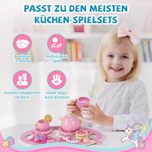Einhorn Kinder Holz Teeservice Spielküche Zubehör, Einhorn Tee Set Teeparty Geschenke für Mädchen, Kindergeschirr Kinderküche Holzspielzeug Rollenspiele Geschenk für Mädchen Kinder Einhorn Spielzeug