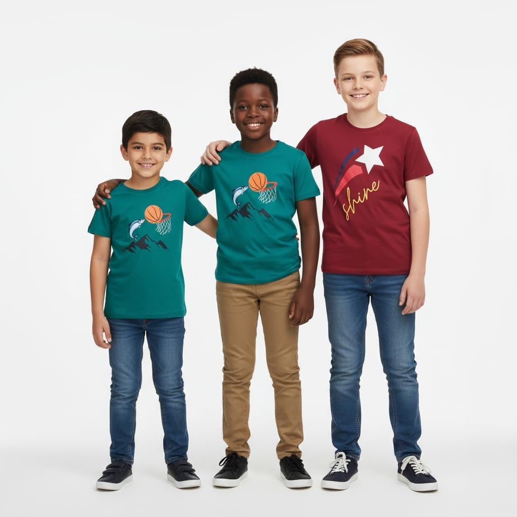 My Bow Sports T Shirt, Cotton, Basketball Print, Dark Teal, Deep Red, Short Sleeve, 2Pack Combo, 4-14 Years, Boys Girls