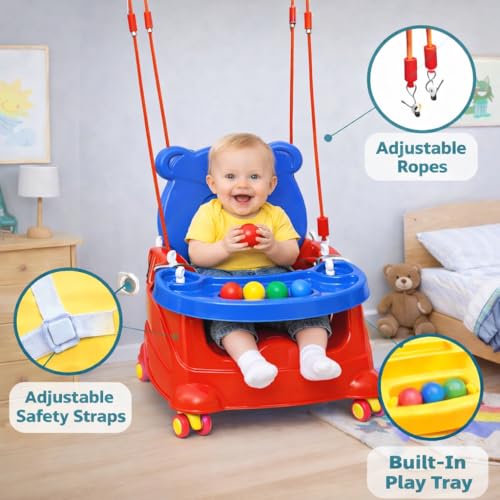 Image of 6-in-1 Multipurpose Baby Booster Seat Cum Hanging Swing Seat | Toddler Plastic Chair with Backrest & Safety Support | Feeding Seat with Long Ropes & Hooks for Boys & Girls (1-3 Years) (Red /Blue-Wheel)