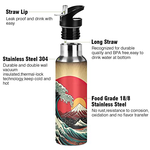 Vnurnrn Stainless Steel Water Bottle Insulated (Japan Style Wave), Bpa Free Straw Lid Sports Water Bottle Leak Proof Sports Mug For Outdoor Gym Travel #TOP2