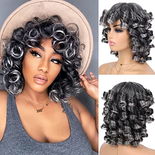G&T Wig Grey Curly Wig With Bangs For Black Women Glueless Wear And Go Wig Afro Curly Synthetic Wigs Ombre Color Heat Resistant Short Curly Wigs Natural Looking Hair For Daily Party Use (1B/Grey) #TOP24