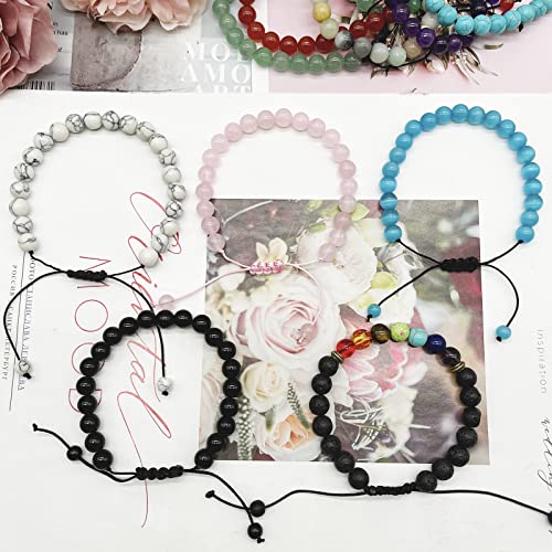 12 PCS 8mm Semi-Precious Gemstone Bracelet Set Crystal Stone Bracelets for Men Women Round Beaded Adjustable Macrame Bracelets 7