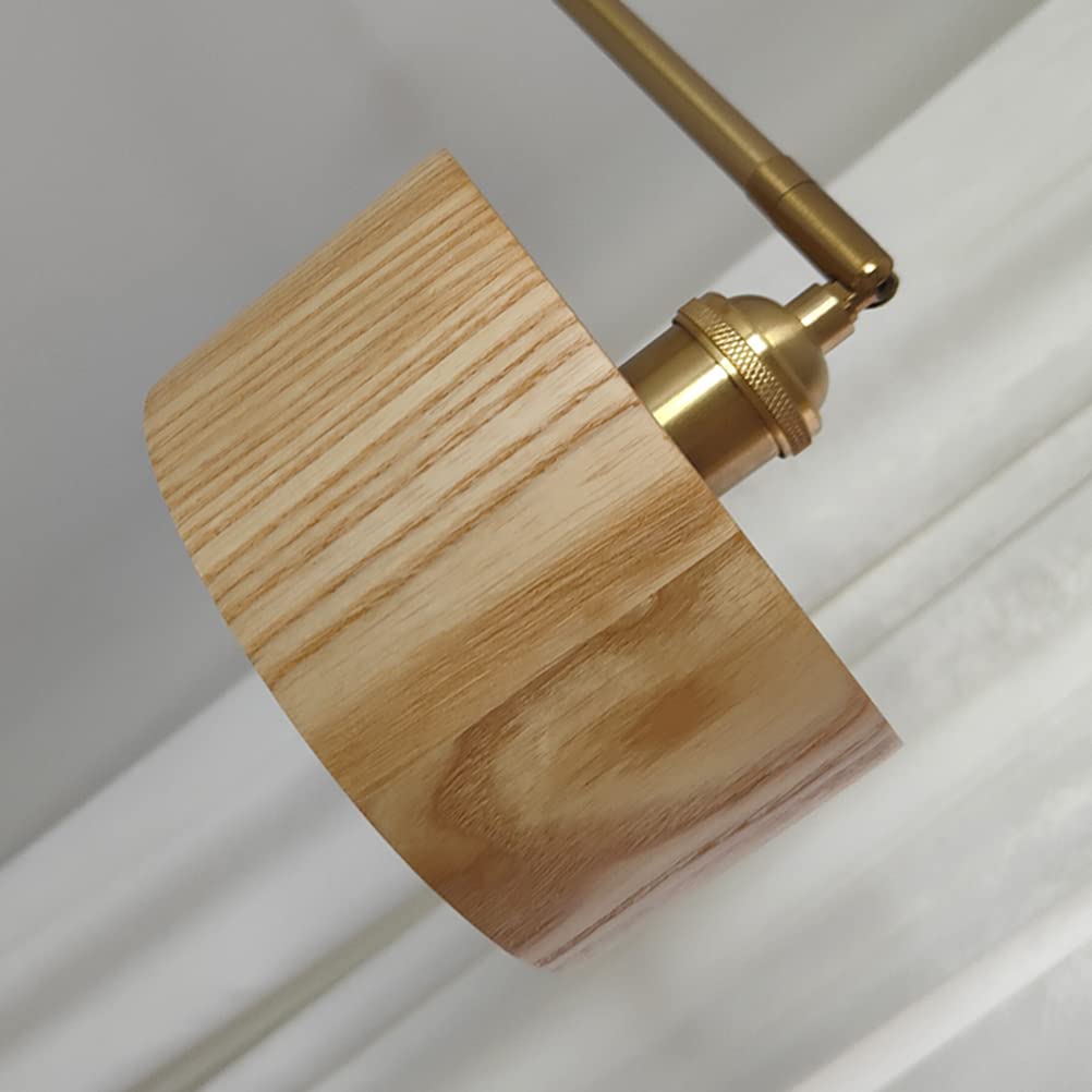 OJT Applique moderne en laiton avec interrupteur, appliques murales lampe de chevet lampe de lecture à bras long réglable, abat-jour en bois, appliques murales d'intérieur E27 pour salon hall chambre