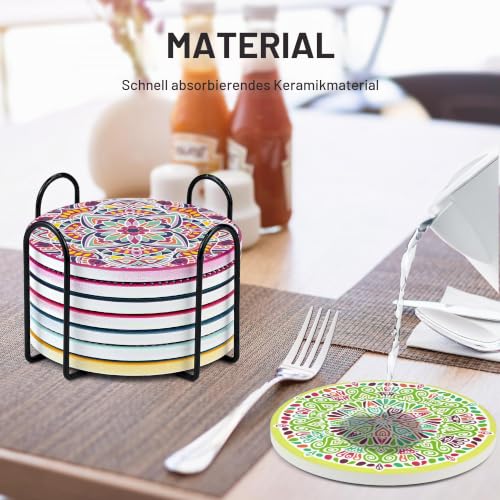 Mandala Untersetzer 8er Set, Keramik Runde Getränkeuntersetzer mit Halter Saugfähige Getränkeuntersetzer Set mit rutschfestem Korkboden &… – Ansicht 3