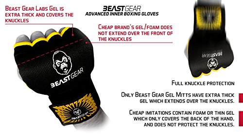 Beast Gear Advanced Inner Boxing Gloves Gel Mitts for Combat Sports, MMA and Martial Arts (Black Yellow/Large)