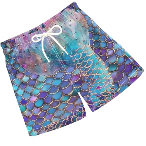 Pigsaly Boys Swim Trunks Dark Blue Purple Giltter Mermaid Scale Fish Tale Boys Board Shorts Swimsuit Swimwear Bathing Suit S
