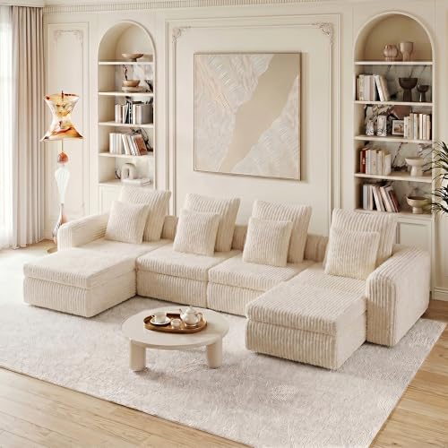 Image of Feonase Modular Sectional Sofa, Cloud Sectional Couch with Deep Seat, 134'Modern Modular U Shape Sofa Couch with Chaise, Upholstered Boneless Couches for Living Room Bedroom, Beige