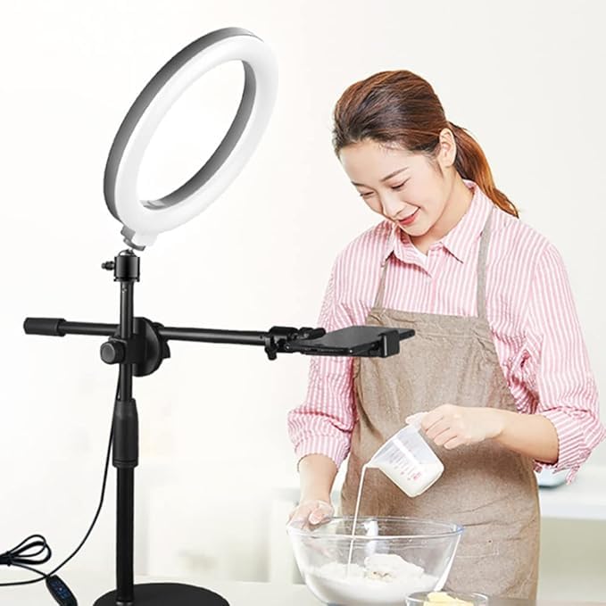 Image of Overhead Shooting Tripod Stand with 16cm USB LED Ring Light & Mobile Holder, Adjustable Overhead Stand for Phone | Ring Light Tripod for Flat Lay Photography, Cooking Videos, YouTube & Vlogging