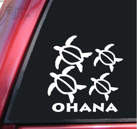 ShadowMajik Ohana Honu Hawaiian Sea Turtle Family with 2 Babies Vinyl Decal Sticker (6" X 6", White)