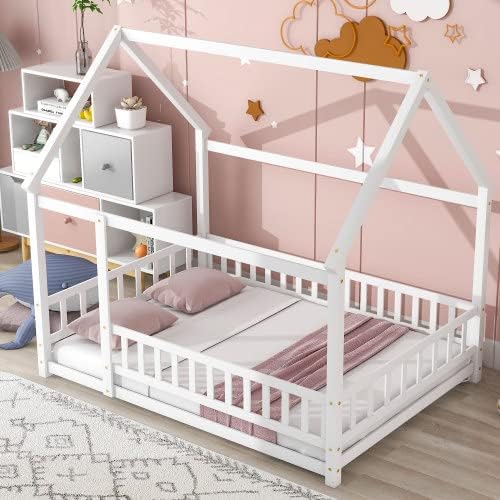 Miniatura 3 de Cama de suelo de tamaño matrimonial con valla para niños pequeños, cama Montessori con techo de casa, marco de cama de piso de madera matrimonial