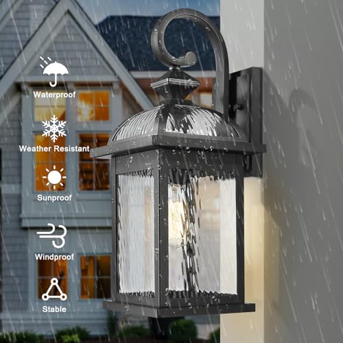 Image of Darkaway Outdoor Lights Fixture Wall Mount, Large 22inch Exterior Wall Light with Water Ripple Glass Waterproof Black Outside Wall Sconce for House Porch Hallway Garage