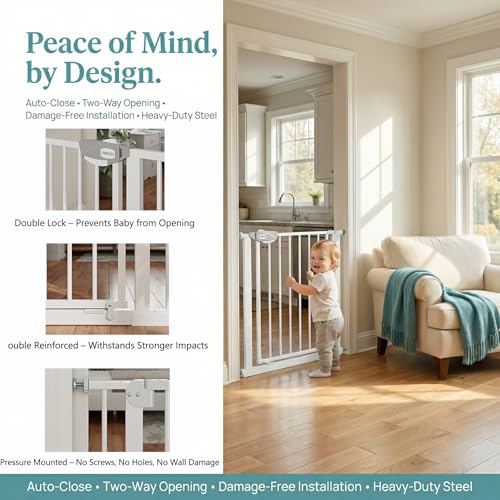 Safety Gate for Stairs & Doorways, Auto-Close Baby Gate or Dog Gate – Pressure Mount No Drilling, 30" Tall All Metal Frame with Dual Locking System (White, 30" Tall 29"-33" Wide) - Image 3