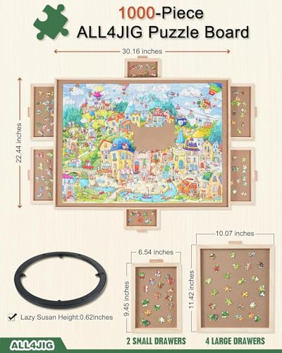 Image of ALL4JIG 1000 Pieces Rotating Puzzle Board with 6 Drawers and Cover,22 inchx30 inchPortable Wooden Jigsaw Puzzle Table for Adults,Lazy Susan Spinning Puzzle Boards Birthday Gift for mom