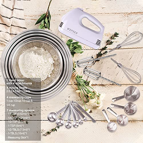 Hand Mixer Electric Mixing Bowls Set, 5 Speeds & Turbo Handheld Mixer With 5 Nesting Stainless Steel Mixing Bowl, Measuring Cups And Spoons Kitchen Blender Beater Cooking Baking Supplies For Beginner #TOP5
