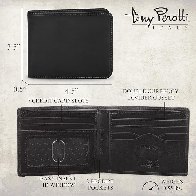 Tony Perotti Men's Italian Leather Bifold Wallet With Card Holders, Pockets, ID Window - Eco-Friendly Vegetable-Tanned Full Grain Leather Wallet Made in Italy - Image 3