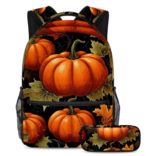 Cartable citrouille de Thanksgiving lot de 2 grand sac à dos scolaire avec trousse