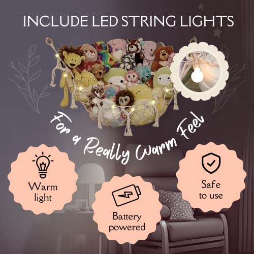 Lilly's Love Stuffed Animal Macrame Hammock W/String Lights | Large Boho Style Rope Net Holder For Kids Toys | Hanging Corner Nursery Storage Organizer For Your Plushie Pets (Grey) #TOP5