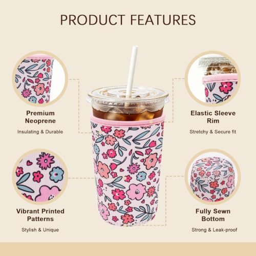 Image of Insulated Neoprene Cup Sleeve for Iced Coffee & Cold Soda - Reusable & Sweatproof, Keeps Drinks Cold Longer, Coffee Coolie for Hot & Iced Drinks (Pink Garden, Small: 16-18oz)