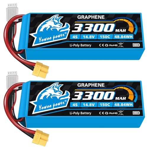Yowoo 2 Packs 4S Lipo Battery 14.8V 3300mAh 150C Graphene Battery with XT60 Plug for Mikado Goblin Align 550 600 Series Helicopter RC Airplane Boat UAV Drone FPV Car Truck Boat (EC3/T/TR/Tamiya)