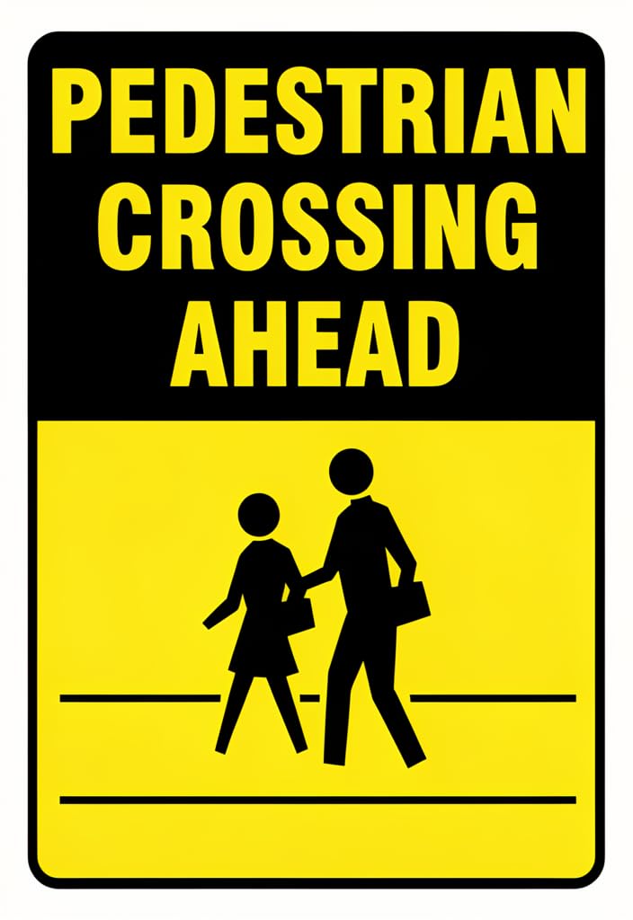 peiyeety Pedestrian Crossing Ahead Tin Sign 12x8 Inch, Black & Yellow Road Safety Metal Wall Decor Plaque, Retro Traffic Warning Sign for Garage, Office, Classroom, Man Cave Gift