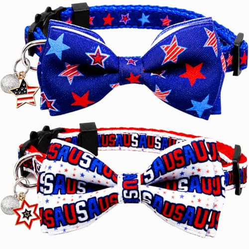 Pohshido 2 Pack 4th of July Cat Collar with Bow Tie and Charm Patriotic Red White Blue Independence Day Adjustable Cat Collar with Bell Stars Stripes USA Holiday Pet Collar for Kitties and Kittens