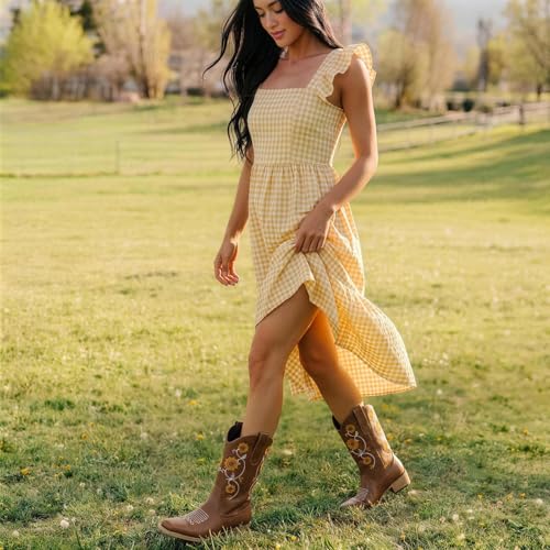 Image of Cowboy Boots for Women - Mid Calf Western Sunflower Cowgirl Boots with Floral Embroidery, Square Toe Stitched Pull On Retro Design, Perfect for Country Idyll, Concerts and More
