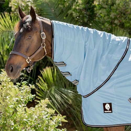 Image of Equinavia Brisk Mesh Horse Fly Sheet with Neck Coverage, UV Protection | Cool Breathable Equine Fly Sheet for Horses, Horse Turnout Sheet Against Pests, Insects and Sun Exposure, Light Blue