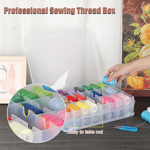 Image of BTSKY 2 Pack Double-Sided Sewing Threads Organizer, 46-Grid Thread Holder, Clear Plastic Sewing Box Functional Thread Spool Organizer for Embroidery, Craft, Needle and More