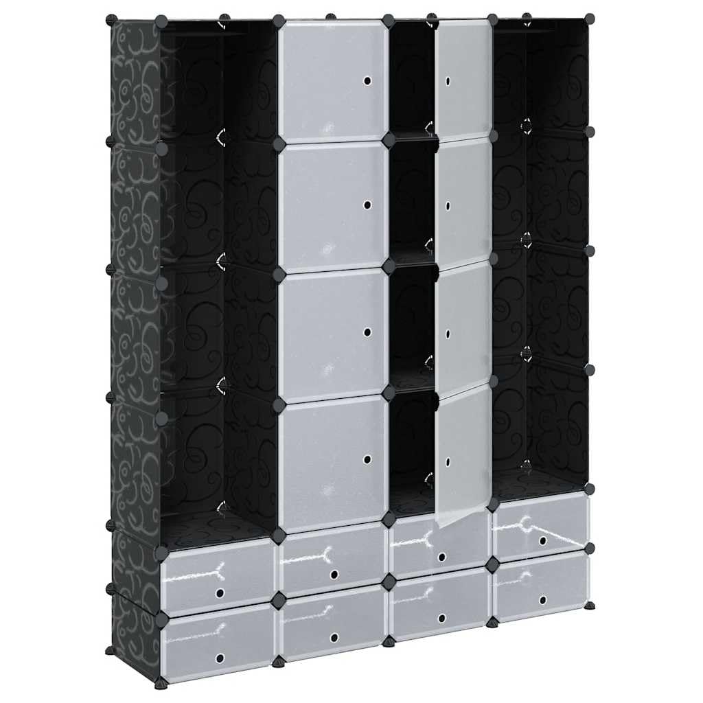 Modularer Schrank mit 18 Fächern schwarz weiß 37x146x180,5cm vielseitiger Stauraum für Schlafzimmer Kinderzimmer Flur Organizer mit Schubladen und Kleiderstange
