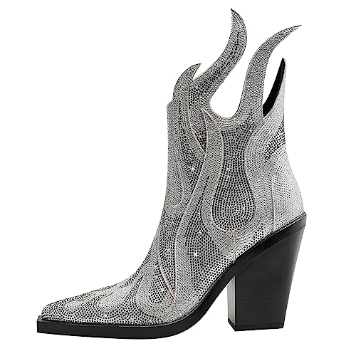 Womens Sparkling Rhinestone Cowboy Boots Bling Flame Chunky Heel Diamond Ankle Boots Pointy Toe Side Zip Black Glitter Cowboy Boots2