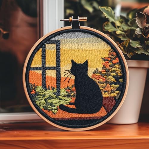 Image of DIY Punch Needle Kits Black Cat Back Sit on Window with Hoop 20x20cm-16 | with Pattern Stamped Easy for Beginners Embroidery Punch Needle Starter Craft Set for Adults Festival Gift and Decoration