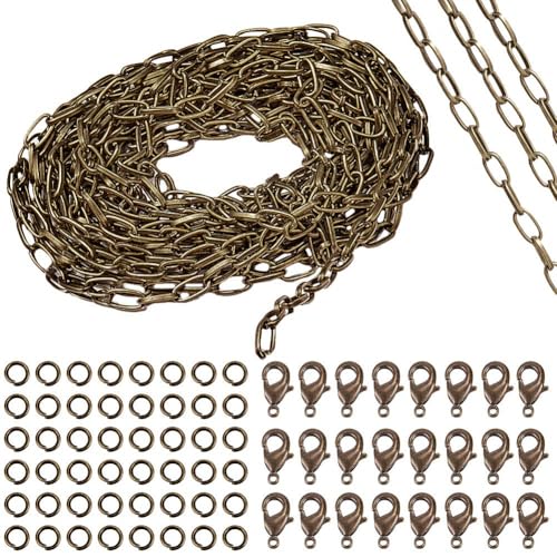 SUNNYCLUE 1 Rolle Rechteckig Schmuckkette 5 mm Antik-Bronze-Kabelkette Mit 20 Karabinerverschlüssen Und 50 Biegeringen Für Die Herstellung von Halsketten Ohrringen Und Armbändern