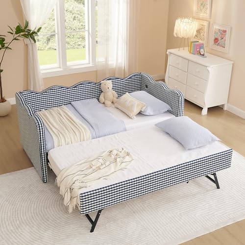 Image of KEIKI Twin Size Upholstery Daybed with Trundle and USB, Twin to King Design Adorable Wave Shaped Extendable Linen Sofa Bed, Easy Assembly, No Box Spring Required, for Living Room and Bedroom, Navy