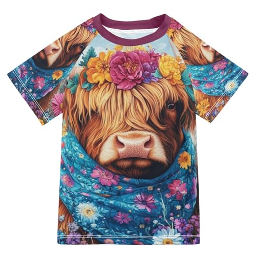 Boy Swimsuit Cartoon Cow Scarf Flower Sunscreen T-Shirts Swimwear Sets UPF 50+