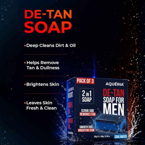 Image of Aqueria De-Tan & Brightening 2-in-1 Bath Soap for Men | Cool Water Perfume | Scrub Side for Tan Removal & Gentle Exfoliation | Smooth Side for Skin Brightening & Hydration | Deep Cleansing Face & Body Soap For Fresh, Healthy-Looking Skin | 300g (Pack of 3) | Suitable For Daily Use - Lasts Upto 90 Washes.