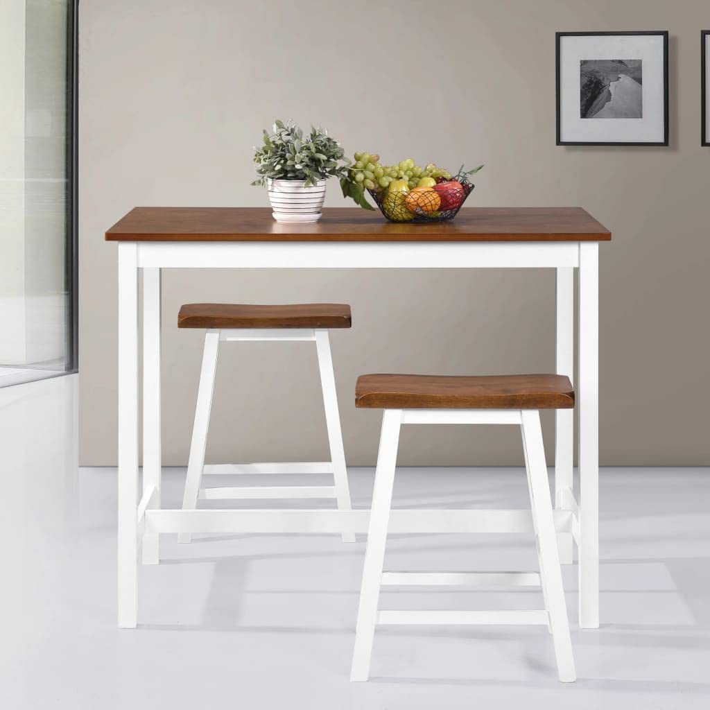 Ensemble table de bar et tabourets 3 pièces en bois massif avec plateau en MDF marron blanc 108 x 60 x 91 cm, 2 tabourets de bar 45 x 23 x 60 cm, pour cuisine, salle à manger, salon