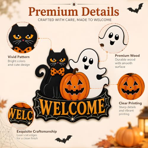 Image of Halloween Party Decorations - Halloween Welcome Wreaths Sign for Front Door | Wooden Black Cat Ghost Pumpkin Hanging Decor for Porch Wall Door- Halloween Garland Porch Decor for Party Favors Supplies