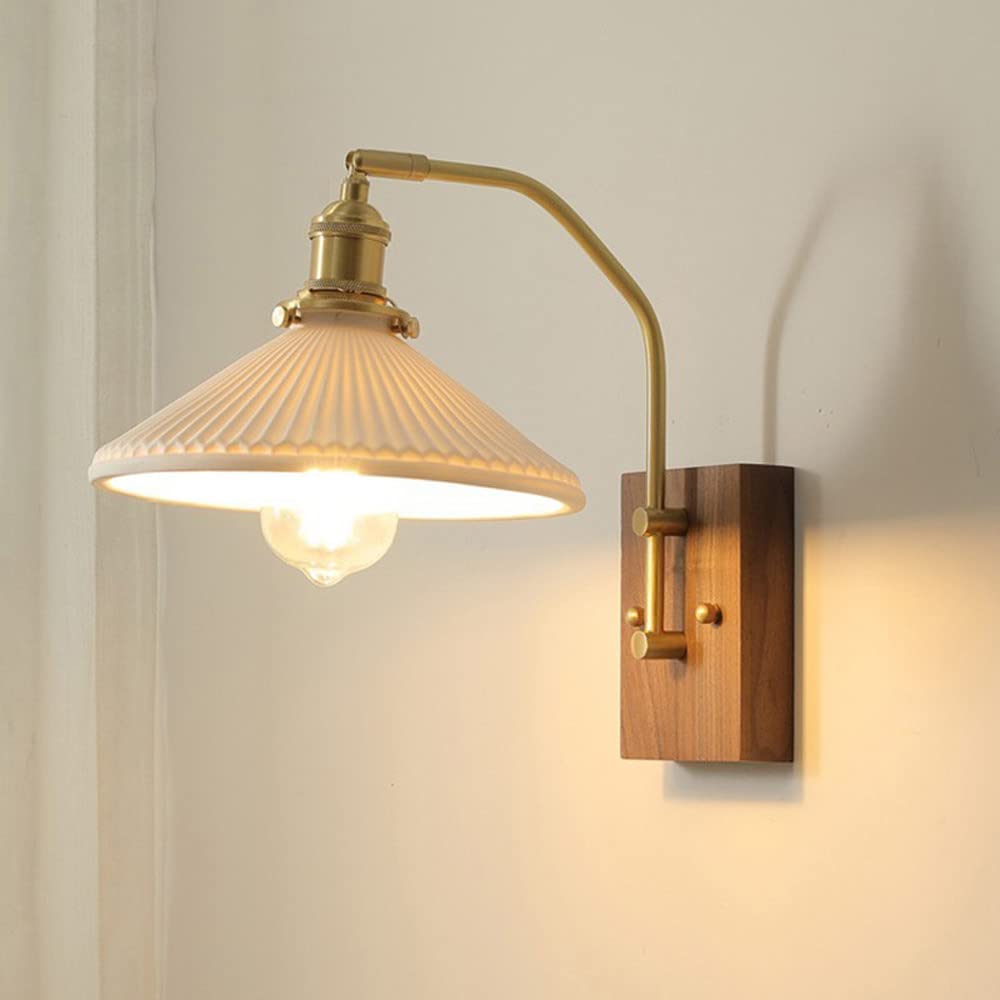 YNIYUJKL Wall Lamp, Antique Wall Sconce Lamp Walnut Wall Mount Light With White Ceramic Shade, V-Intage Copper Bedroom Bedside Reading Wall Lamps, Living Room Bedroom E27 Wa