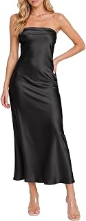 Realtix Summer Satin Strapless Backless Maxi Dress for Women Wedding Guest